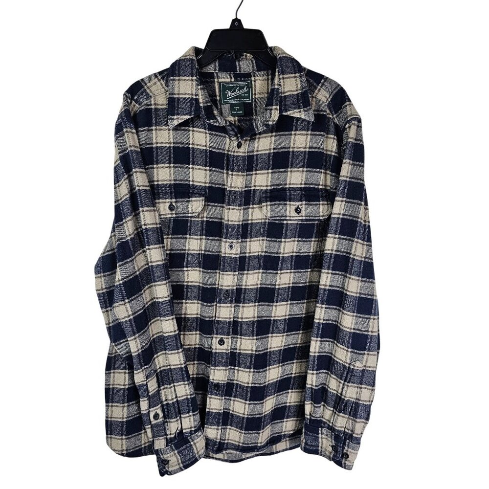 Woolrich Plaid Flannel Button-Up Shirt L Navy Beige LS Cotton Gorpcore Outdoor